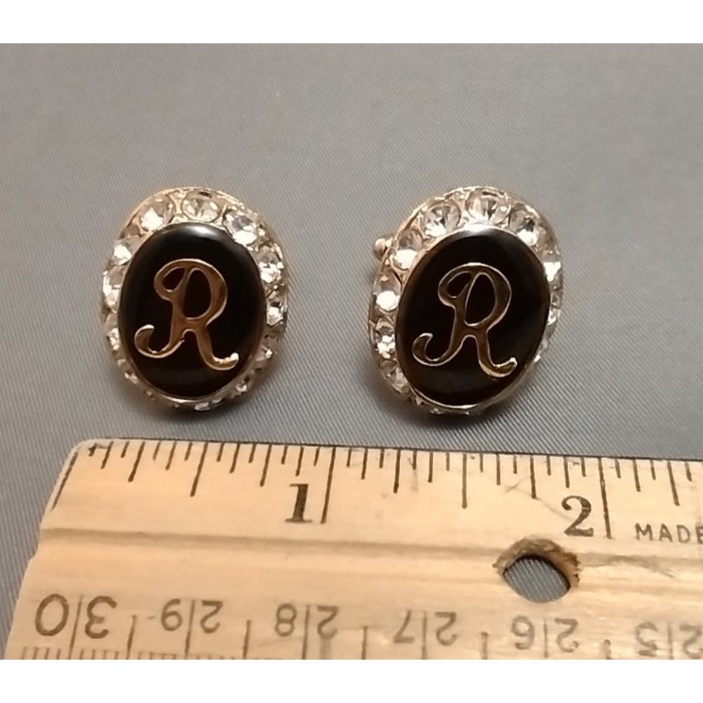 Vtg Gold Tone Cufflinks Initial R Black Enamel Rhinestone Oval Business‎ Formal